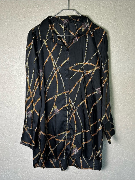 Zara Tops - Zara TRF Black Chain-Link Button-Down Longline Shirt Dress Blouse Satin
